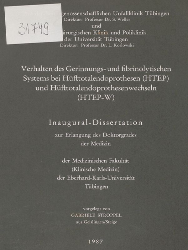 Verhalten des Gerinnungs- und fibrinolytischen Systems bei Hufttotalendoprothesen (HTEP) und Hufttotalendoprothesenwechseln (HTEP-W)