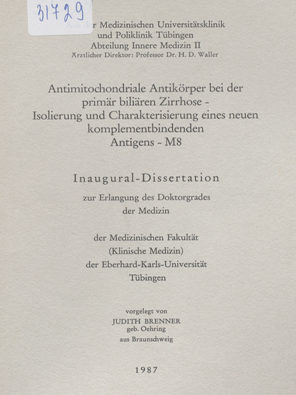 Antimitochondriale Antikorper bei der primar biliaren Zirrhose - Isolierung und Charakterisierung eines neuen komplementbindenden Antigens - M8
