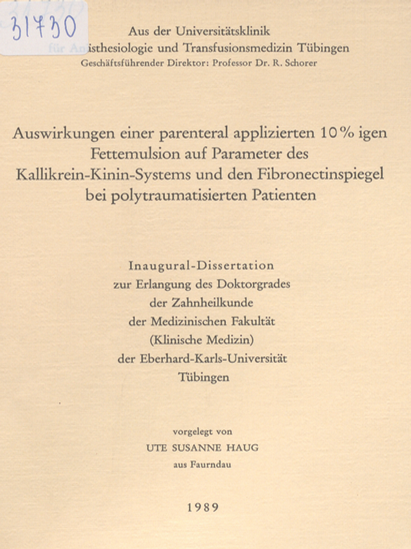 Auswirkungen einer parenteral applizierten 10 % igen Fettemulsion auf Parameter des Kallikrein-Kinin-Systems und den Fibronectinspiegel bei polytraumatisierten Patienten