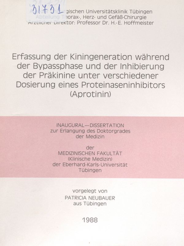Erfassung der Kiningeneration wahrend der Bypassphase und der Inhibierung der Prakinine unter verschiedener Dosierung eines Proteinaseninhibitors (Aprotinin)