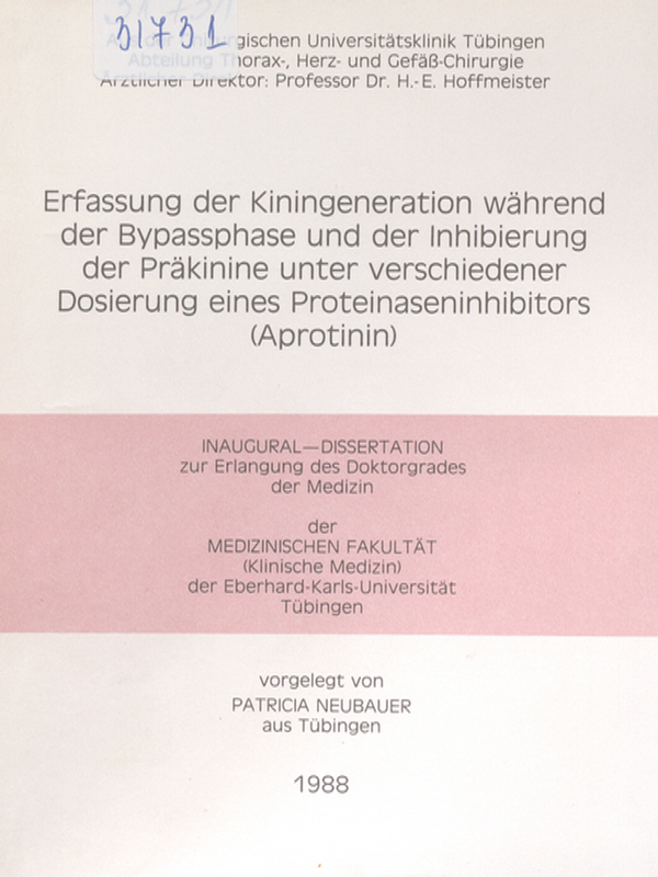 Erfassung der Kiningeneration wahrend der Bypassphase und der Inhibierung der Prakinine unter verschiedener Dosierung eines Proteinaseninhibitors (Aprotinin)