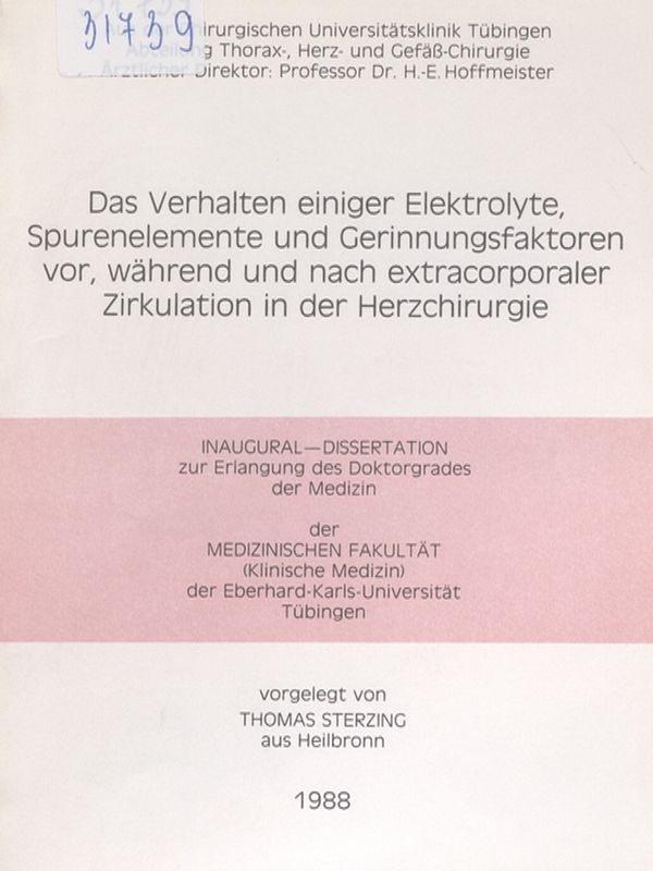 Das Verhalten einiger Elektrolyte, Spurenelemente und Gerinnungsfaktoren vor, wahrend und nach extracorporaler Zirkulation in der Herzchirurgie