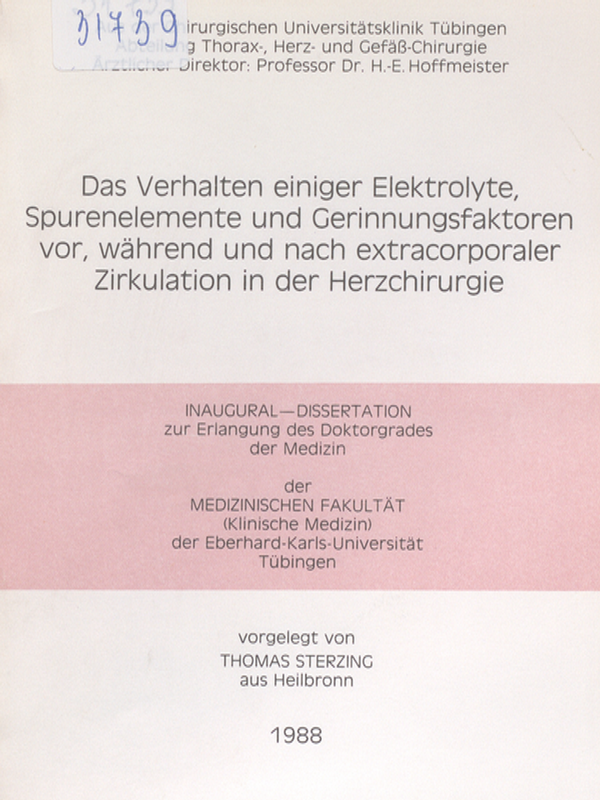 Das Verhalten einiger Elektrolyte, Spurenelemente und Gerinnungsfaktoren vor, wahrend und nach extracorporaler Zirkulation in der Herzchirurgie