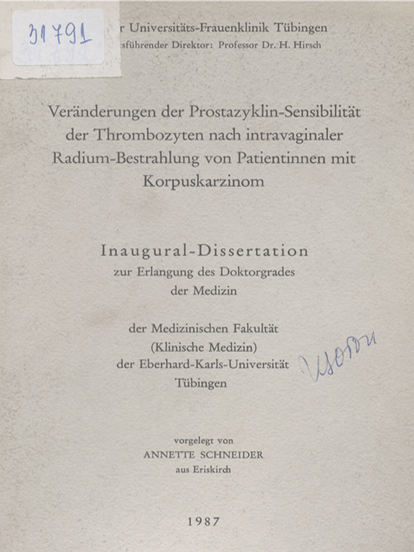 Veranderungen der Prostazyklin-Sensibilitat der Thrombozyten nach intravaginaler Radium-Bestrahlung von Patientinnen mit Korpuskarzinom