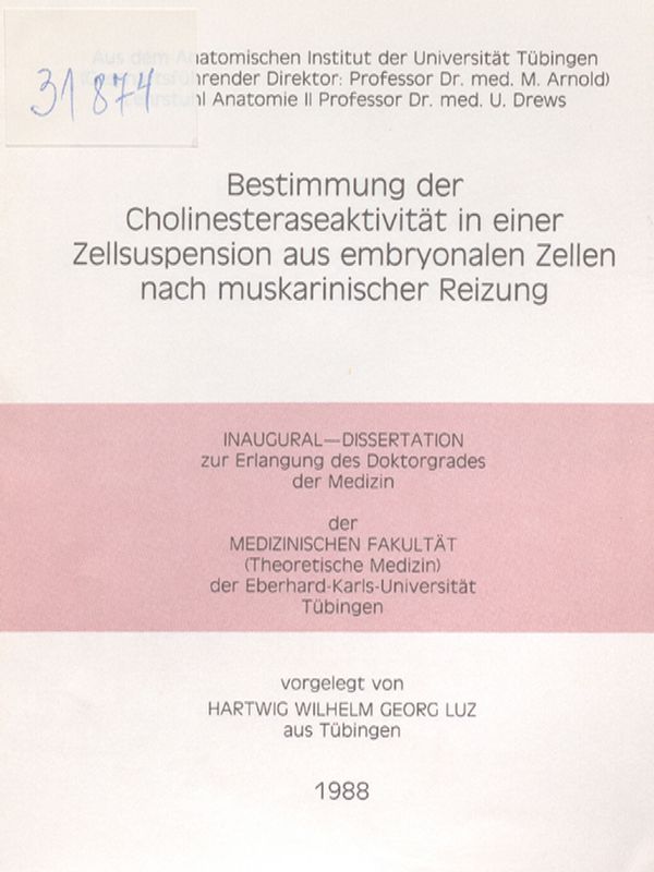 Bestimmung der Cholinesteraseaktivitat in einer Zellsuspension aus embryonalen Zellen nach muskarinischer Reizung