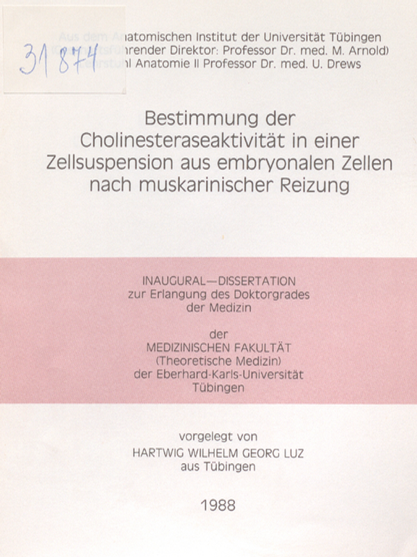 Bestimmung der Cholinesteraseaktivitat in einer Zellsuspension aus embryonalen Zellen nach muskarinischer Reizung