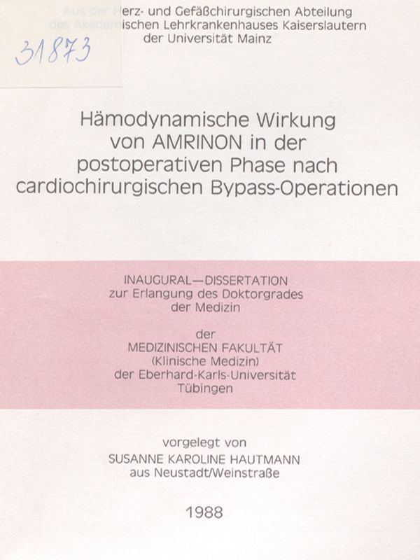 Hamodynamische Wirkung von AMRINON in der postoperativen Phase nach cardiochirurgischen Bypass-Operationen