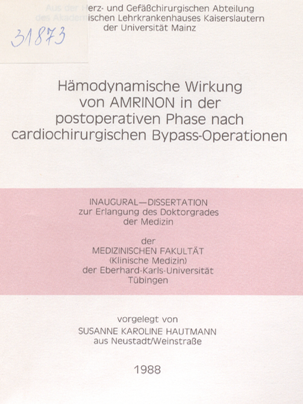 Hamodynamische Wirkung von AMRINON in der postoperativen Phase nach cardiochirurgischen Bypass-Operationen