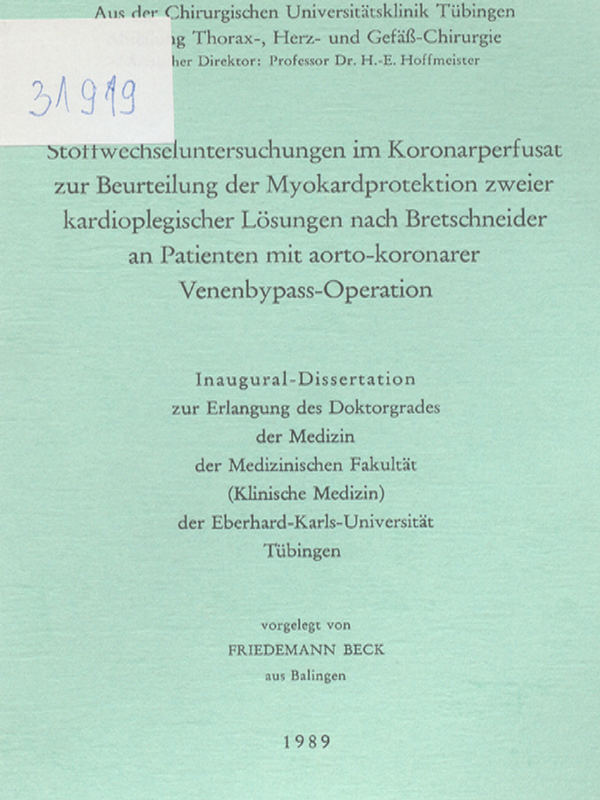 Stoffwechseluntersuchungen im Koronarperfusat zur Beurteilung der Myokardprotektion zweier kardioplegischer Losungen nach Bretschneider an Patienten mit aorto-koronarer Venenbypass-Operation