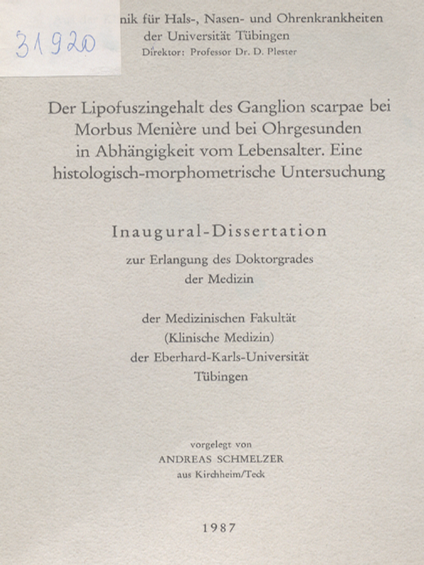 Der Lipofuszingehalt des Ganglion scarpae bei Morbus Meniere und bei Ohrgesunden in Abhangigkeit vom Lebensalter. Eine histologisch-morphologische Untersuchung