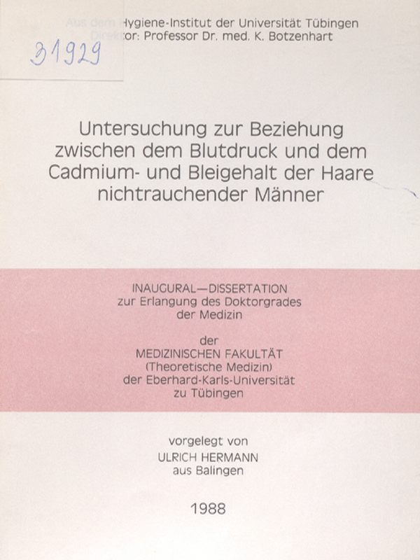 Untersuchung zur Beziehung zwischen dem Blutdruck und dem Cadmium- und Bleigehalt der Haare nichtrauchender Manner