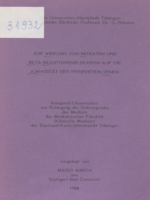 Zur Wirkung von Nitraten und Beta-Rezeptorenblockern auf die Kapazitat der peripheren Venen