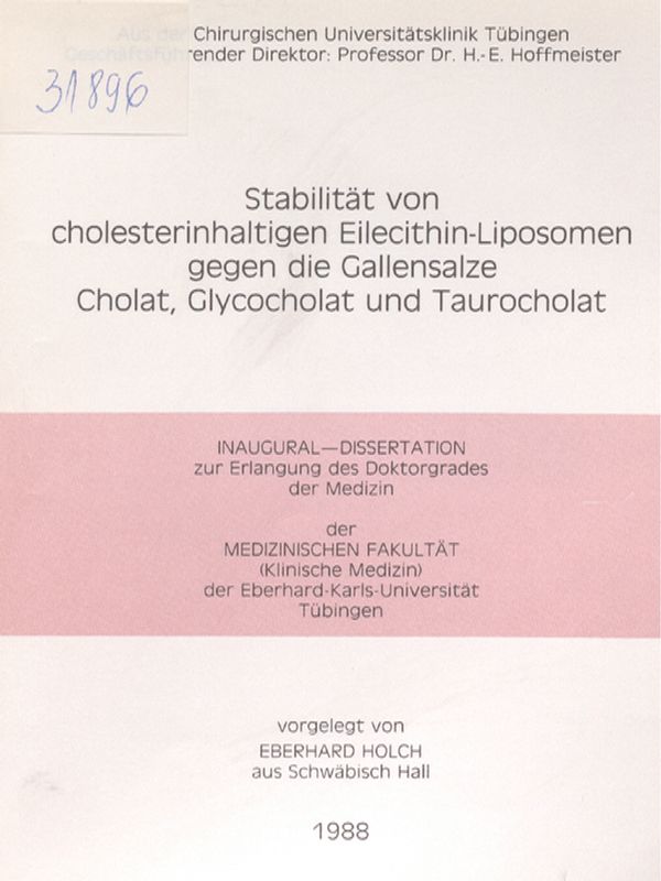 Stabilitat von cholesterinhaltigen Eilecithin-Liposomen gegen die Gallensalze Cholat, Glycocholat und Taurocholat