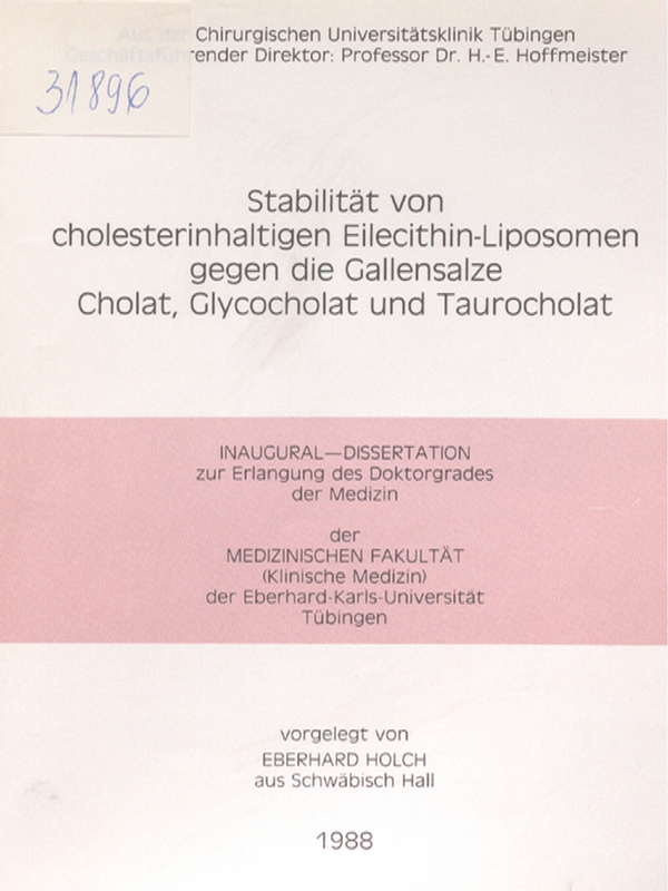 Stabilitat von cholesterinhaltigen Eilecithin-Liposomen gegen die Gallensalze Cholat, Glycocholat und Taurocholat