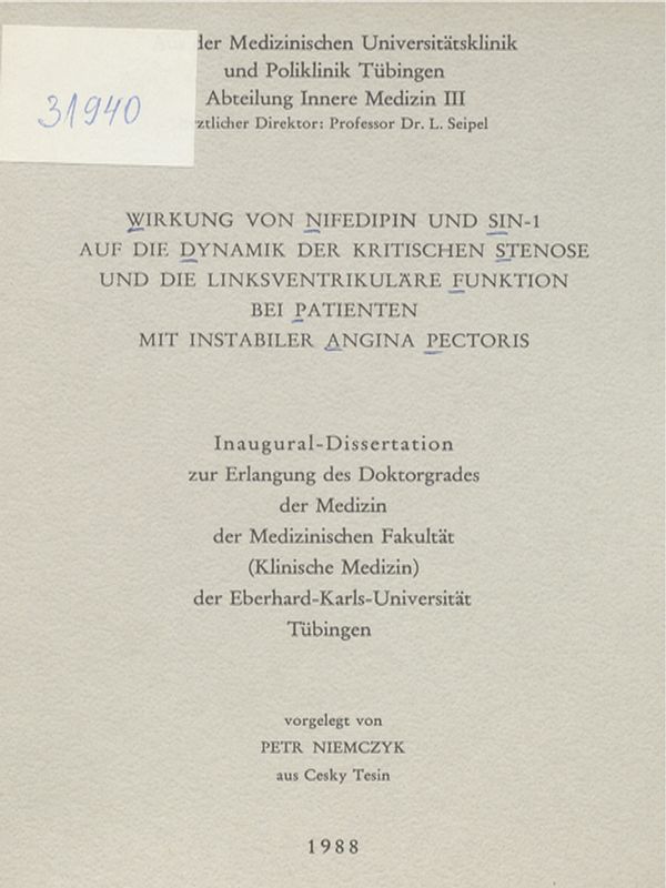 Wirkung von Nifedipin und Sin-1 auf die Dynamik der kritischen Stenose und die linksventrikulare Funktion bei Patienten mit instabiler Angina Pectoris