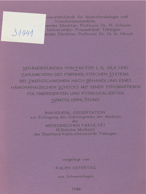Veranderungen von Faktor I, II, VII, X und Parametern des fibrinolytischen Systems bei Zwergschweinen nach Behandlung eines hamorhagischen Schocks mit einer stromafreien polymerisierten und pyridoxalierten Hamoglobinlosung