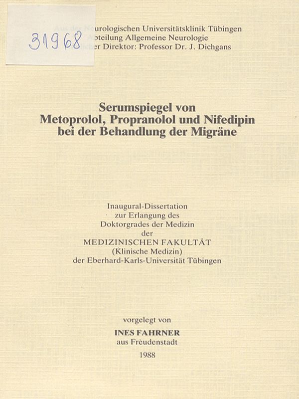 Serumspiegel von Metoprolol, Propranolol und Nifedipin bei der Behandlung der Migrane