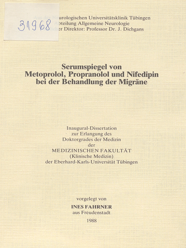 Serumspiegel von Metoprolol, Propranolol und Nifedipin bei der Behandlung der Migrane