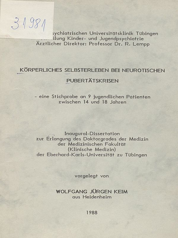 Korperliches Selbsterleben bei neurotischen Pubertatskrisen : Eine Stichprobe an 9 jugendlichen Patienten zwischen 14 und 18 Jahren