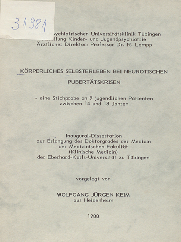 Korperliches Selbsterleben bei neurotischen Pubertatskrisen : Eine Stichprobe an 9 jugendlichen Patienten zwischen 14 und 18 Jahren