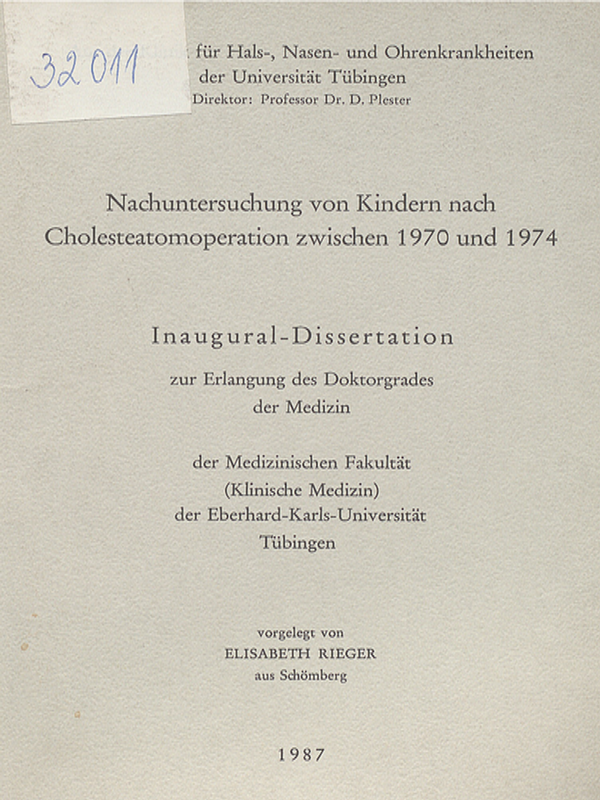 Nachuntersuchung von Kindern nach Cholesteatomoperation zwischen 1970 und 1974