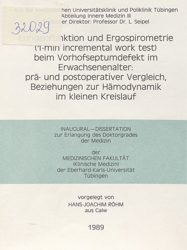 Lungenfunktion und Ergospirometrie (1-min incremental work test) beim Vorhofseptumdefekt im Erwachsenenalter : Pra- und postoperativer Vergleich, Beziehungen zur Hamodynamik im kleinen Kreislauf
