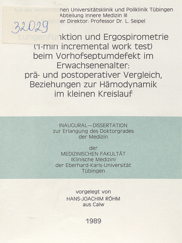 Lungenfunktion und Ergospirometrie (1-min incremental work test) beim Vorhofseptumdefekt im Erwachsenenalter : Pra- und postoperativer Vergleich, Beziehungen zur Hamodynamik im kleinen Kreislauf
