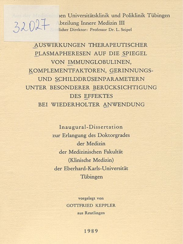 Auswirkungen therapeutischer Plasmapheresen auf die Spiegel von Immunglobulinen, Komplementfaktoren, Gerinnungs-und Schilddrusenparametern unter besonderer Berucksichtigung des Effektes bei wiederholter Anwendung