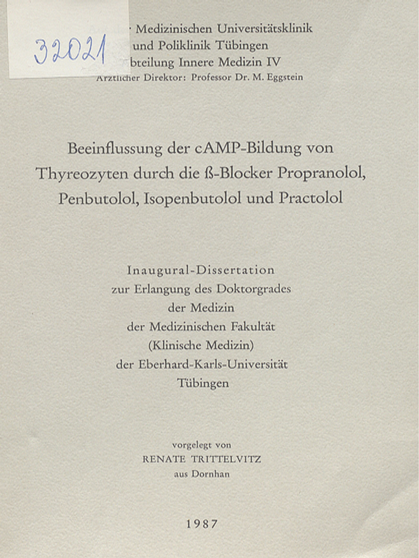 Beeinflussung der cAMP-Bildung von Thyreozyten durch die [beta]-Blocker Propranolol, Penbutolol, Isopenbutolol und Practolol