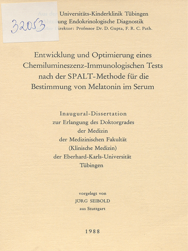 Entwicklung und Optimierung eines Chemilumineszenz-Immunologischen Tests nach der SPALT-Methode fur die Bestimmung von Melatonin im Serum
