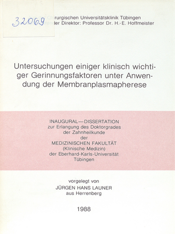 Untersuchungen einiger klinisch wichtiger Gerinnungsfaktoren unter Anwendung der Membranplasmapherese