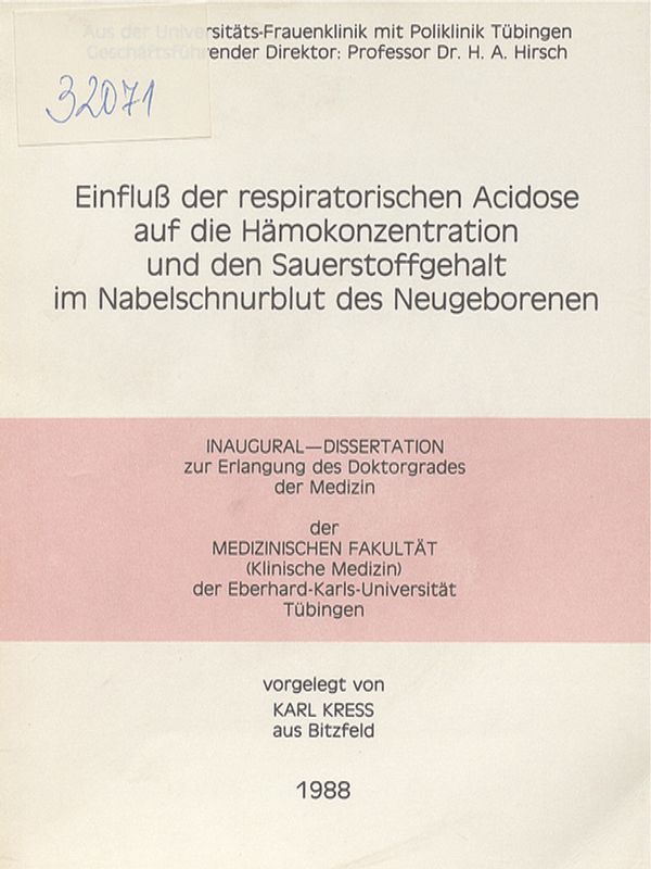 Einfluss der respiratorischen Acidose auf die Hamokonzentration und den Sauerstoffgehalt im Nabelschnurblut des Neugeborenen