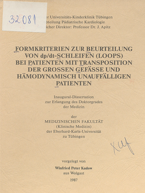 Formkriterien zur Beurteilung von dp/dt-Schleifen (LOOPS) bei Patienten mit Transposition der grossen Gefasse und hamodynamisch unauffalligen Patienten