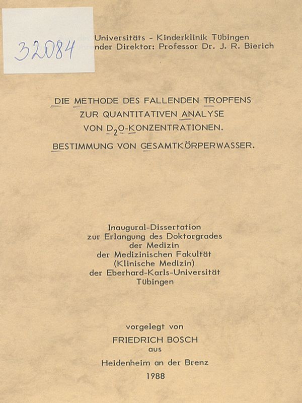 Die Methode des fallenden Tropfens zur quantitativen Analyse von D2O-Konzentrationen. Bestimmung von Gesamtkorperwasser