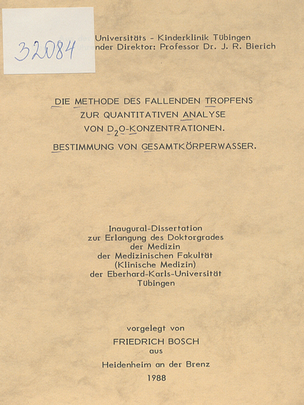 Die Methode des fallenden Tropfens zur quantitativen Analyse von D2O-Konzentrationen. Bestimmung von Gesamtkorperwasser