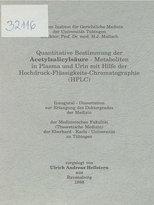 Quantitative Bestimmung der Acetylsalicylsaure-Metaboliten in Plasma und Urin mit Hilfe der Hochdruck-Flussigkeits-Chromatographie (HPLC)