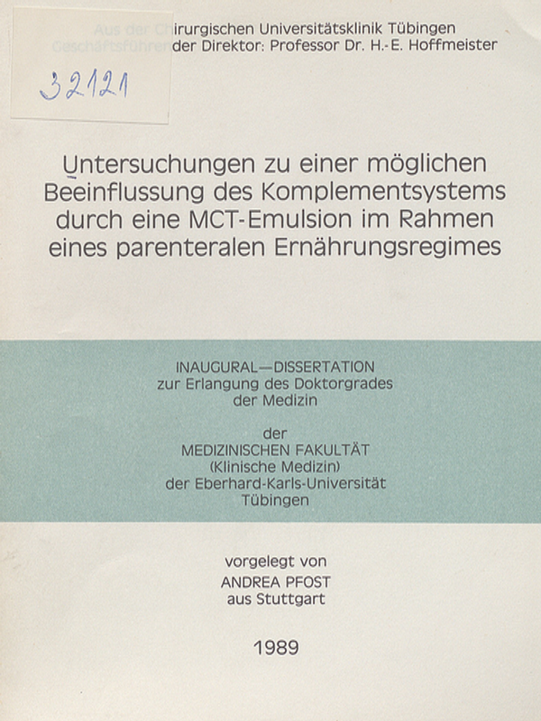 Untersuchungen zu einer moglichen Beeinflussung des Komplementsystems durch eine MCT-Emulsion im Rahmen eines parenteralen Ernahrungsregimes
