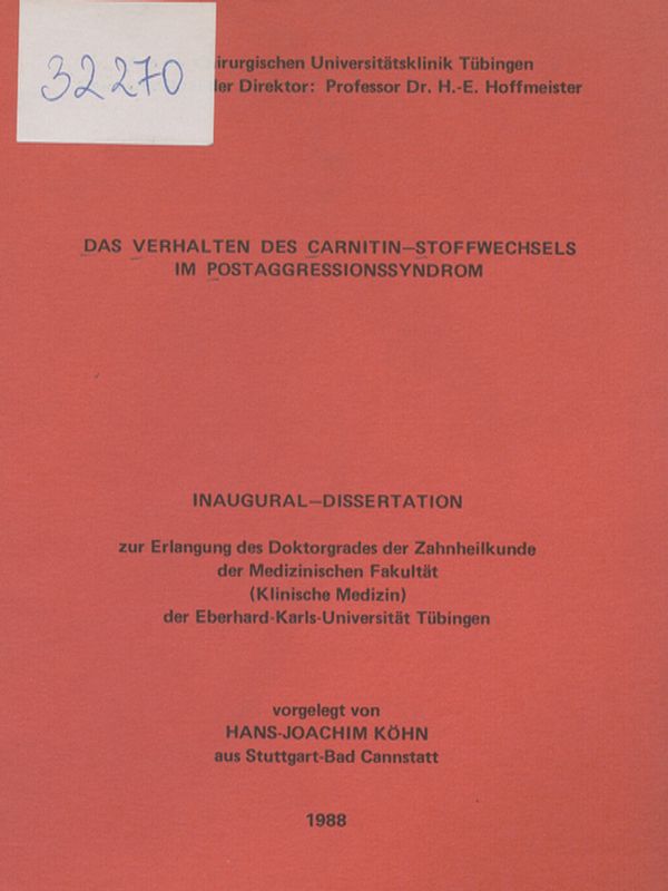 Das Verhalten des Carnitin-Stoffwechsels im Postaggressionssyndrom