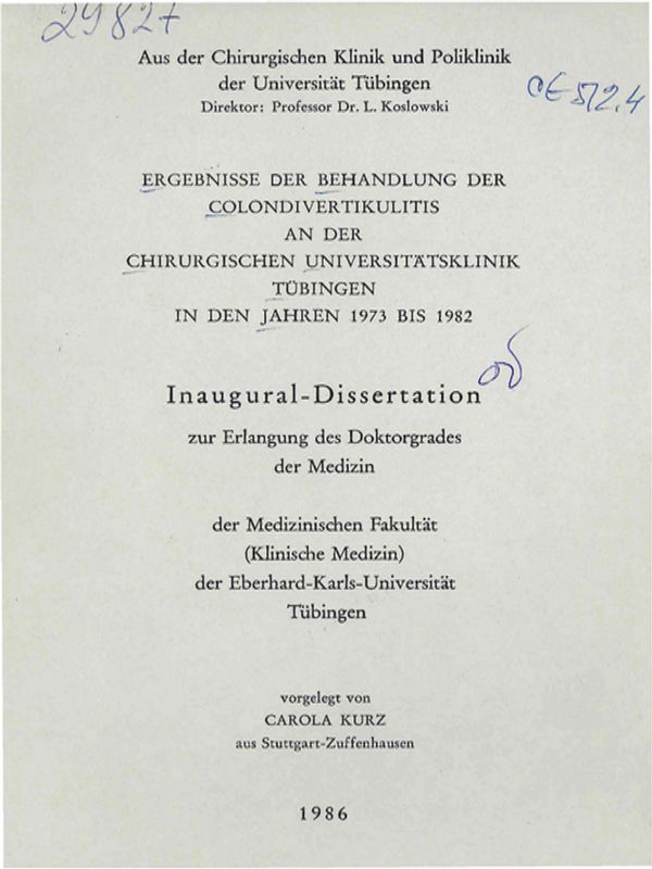 Ergebnisse der Behandlung der Colondivertikulitis an der Chirurgischen Universitatsklinik Tubingen in den Jahren 1973 bis 1982