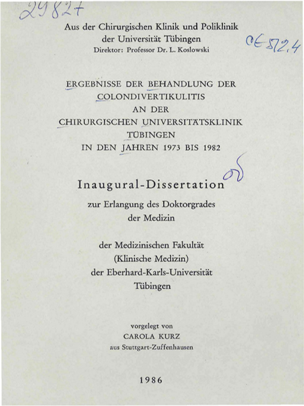 Ergebnisse der Behandlung der Colondivertikulitis an der Chirurgischen Universitatsklinik Tubingen in den Jahren 1973 bis 1982