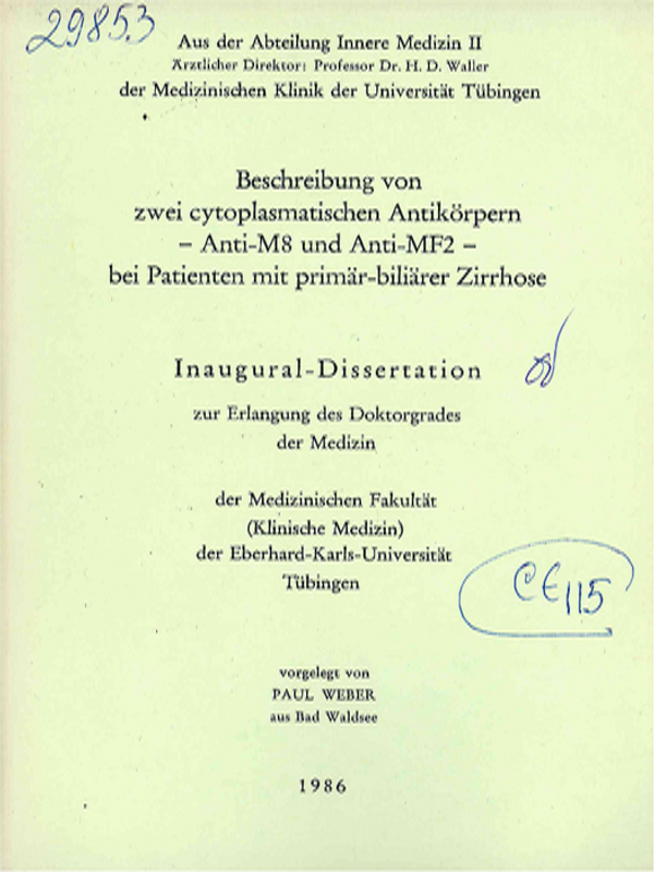 Beschreibung von zwei cytoplasmatischen Antikorpern - Anti-M8 und Anti-MF2 - bei Patienten mit primar-biliarer Zirrhose