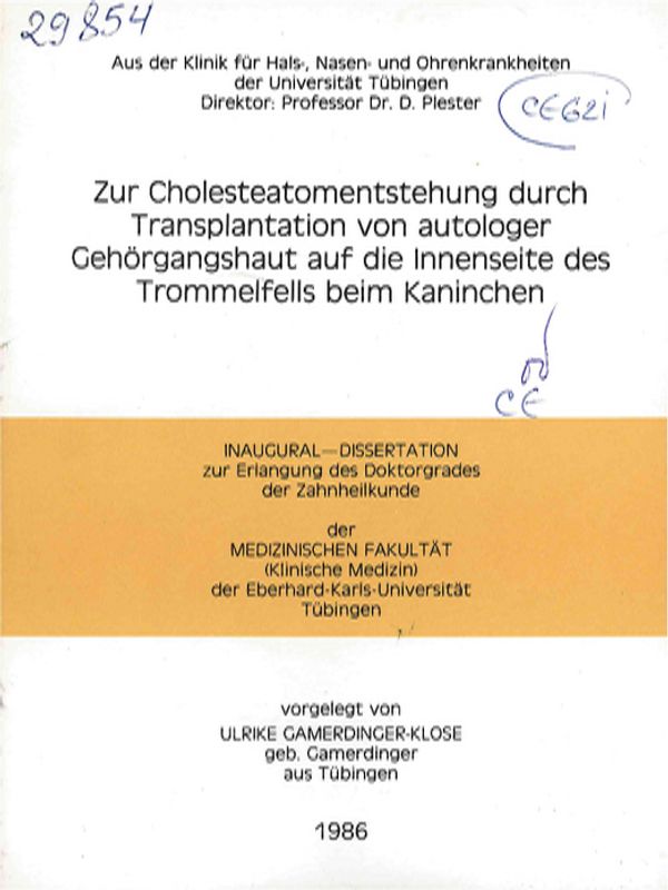 Zur Cholesteatomentstehung durch Transplantation von autologer Gehorgangshaut auf die Innenseite des Trommelfells beim Kaninchen
