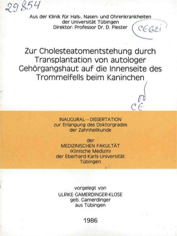 Zur Cholesteatomentstehung durch Transplantation von autologer Gehorgangshaut auf die Innenseite des Trommelfells beim Kaninchen