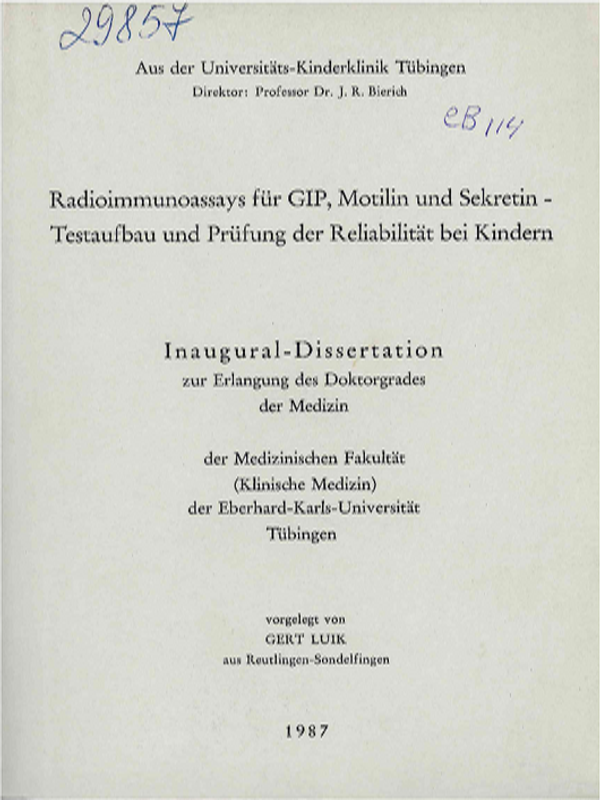 Radioimmunoassays fur GIP, Motilin und Sekretin : Testaufbau u. Prufung d. Reliabilitat bei Kindern