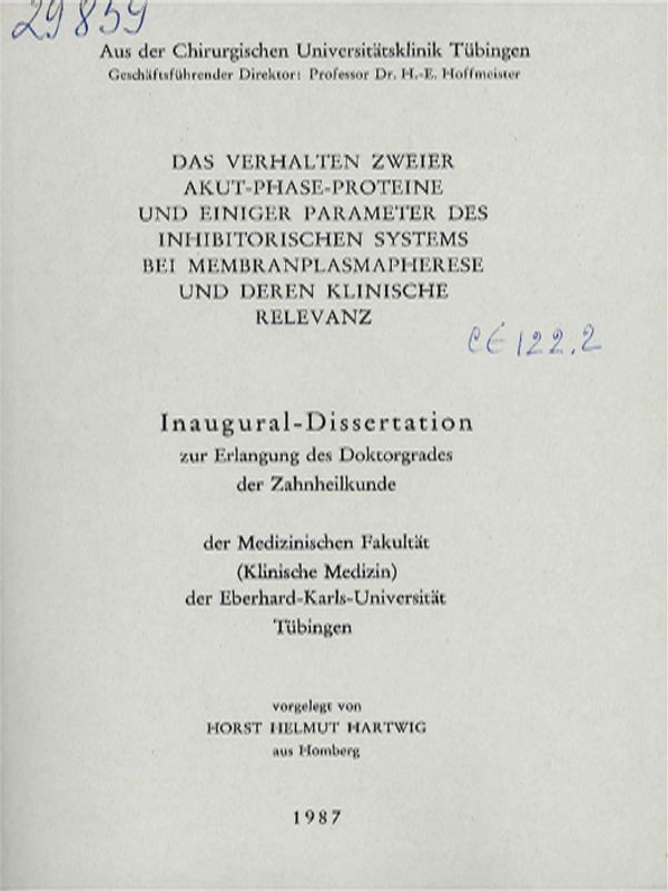 Das Verhalten zweier Akut-Phase-Proteine und einiger Parameter des inhibitorischen Systems bei Membranplasmapherese und deren klinische Relevanz