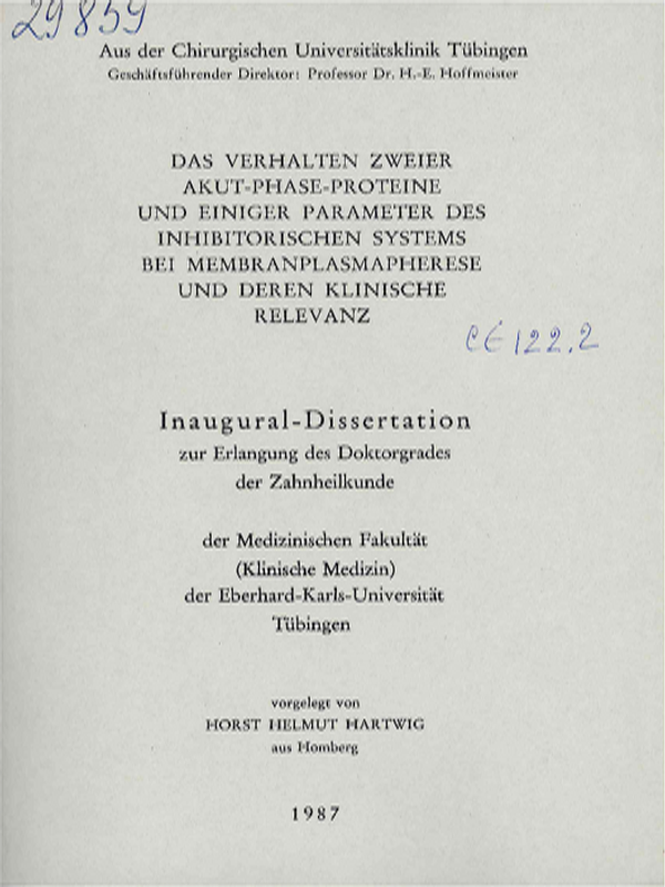Das Verhalten zweier Akut-Phase-Proteine und einiger Parameter des inhibitorischen Systems bei Membranplasmapherese und deren klinische Relevanz